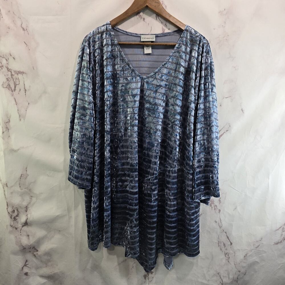 Catherines Shirt Womens 2X 26 28 Blue Velvet Burnout Stripe Blouse V